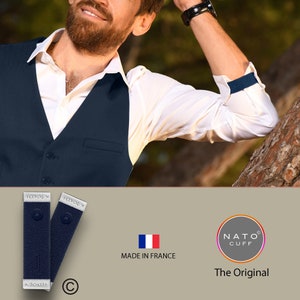 May include: Two blue and white NATO Cuffs with the text "NATO CUFF" and "The Original" on a white background. The French flag and the text "MADE IN FRANCE" are also visible.