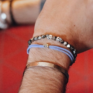 925 Sterling Silver Skull Bracelet, Sliding and adjustable Milanese Silk Blue Cord