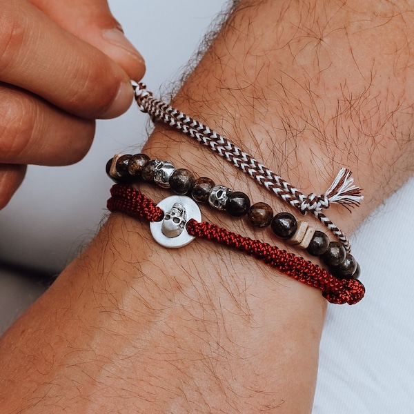 925 Sterling Silver Skull Bracelet, Sliding and adjustable Nylon Bordeaux Cord