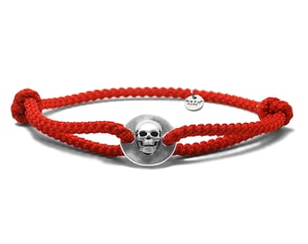 Pulsera Calavera en Plata de Ley 925, Cordón de Nylon Rojo corredizo y ajustable