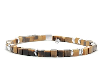 Nato Cuff - 925 Sterling Silver and 4mm Tiger Eye Gemstones Square Beads Bracelet