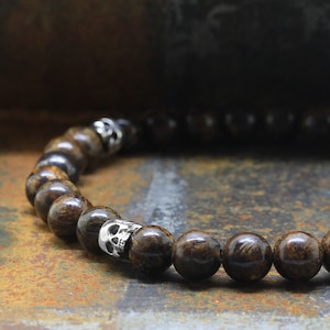 925 Sterling Silver Jawless Skull Bracelet, 6mm Bronzite Gemstones Round Beads