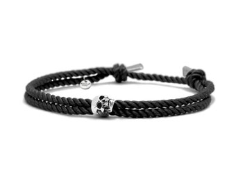 925 Sterling Silver Skull Bracelet, Sliding and adjustable Milanese Silk Black Cord