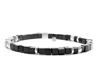 Nato Cuff - 925 Sterling Silver and 4mm Onyx Gemstones Square Beads Bracelet