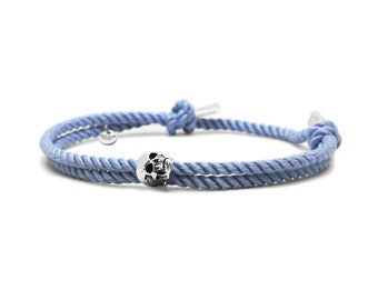 925 Sterling Silver Skull Bracelet, Sliding and adjustable Milanese Silk Blue Cord