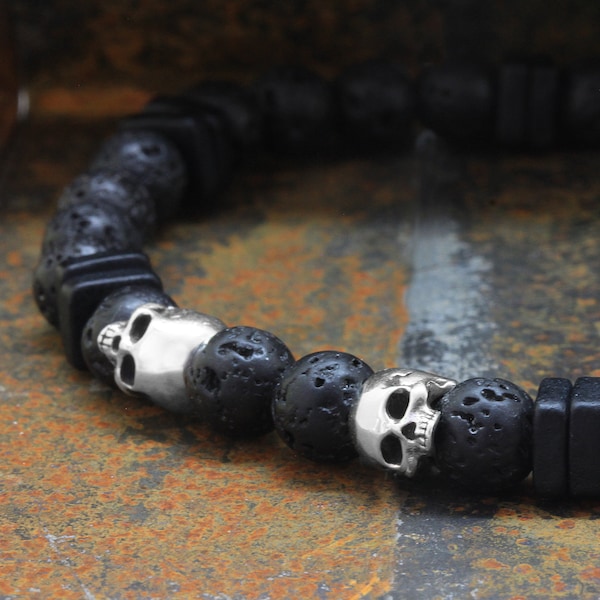 925 Sterling Silver Jawless Skull Bracelet, 6mm Lava Gemstones Round Beads, Greek Ceramic Beads