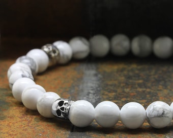 925 Sterling Silver Jawless Skull Bracelet, 6mm Howlite Gemstones Round Beads