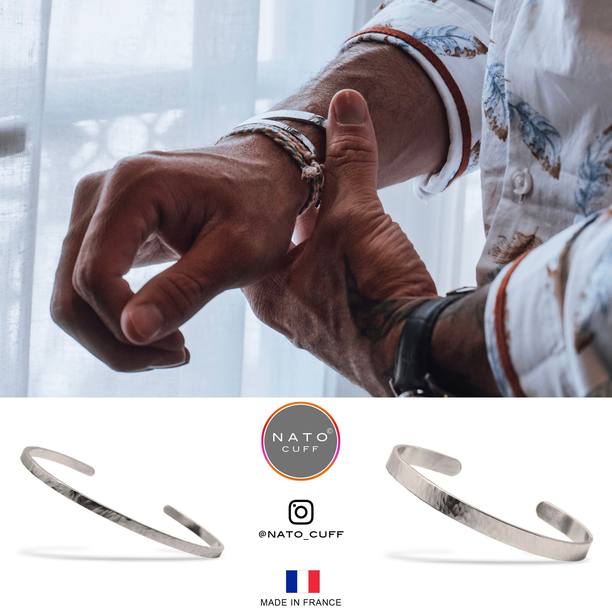 Nato Cuff - Handmade Stainless Steel Hammered Bangle Bracelet, Adjustable Unisex Jewelry Made In France - View #9