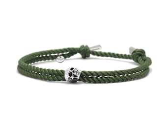 925 Sterling Silver Skull Bracelet, Sliding and adjustable Milanese Silk Khaki Cord