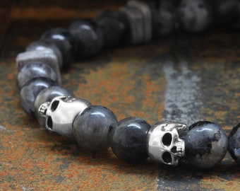 925 Sterling Silver Jawless Skull Bracelet, 6mm Larvikite Gemstones Round Beads, Greek Ceramic Beads