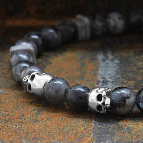 925 Sterling Silver Jawless Skull Bracelet, 6mm Larvikite Gemstones Round Beads, Greek Ceramic Beads