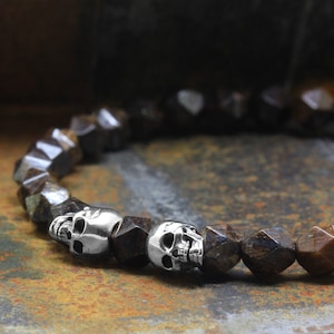 925 Sterling Silver Skull Bracelet, 6mm Bronzite Gemstones Faceted Beads