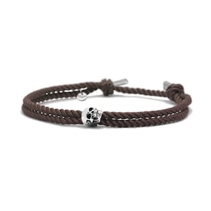 925 sterling zilveren schedelarmband, verschuifbaar en verstelbaar Milanese zijdebruin koord