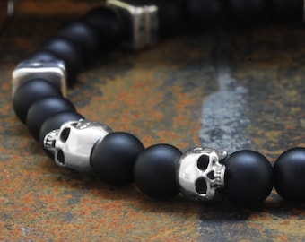 925 Sterling Silver Jawless Skull Bracelet, 6mm Onyx Gemstones Round Beads, Greek Ceramic Beads