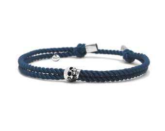 925 Sterling Silver Skull Bracelet, Sliding and adjustable Milanese Silk Blue Petrol Cord