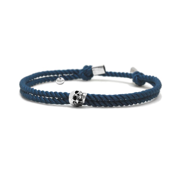 925 Sterling Silver Skull Bracelet, Sliding and adjustable Milanese Silk Blue Petrol Cord