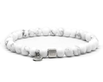 Nato Cuff - 925 Sterling silver and 6mm Howlite Gemstones Round Beads Bracelet