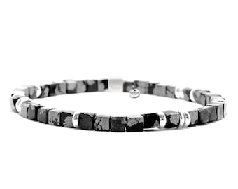 Nato Cuff - 925 Sterling Silver and 4mm Obsidian Snowflake Gemstones Square Beads Bracelet