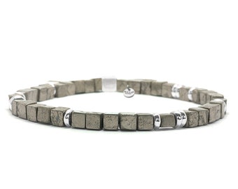 Nato Cuff - 925 Sterling Silver and 4mm Pyrite Gemstones Square Beads Bracelet