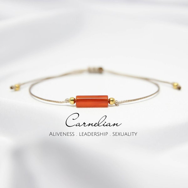 Real carnelian tube bracelet Genuine custom crystal adjustable bracelet on thread Carnelian jewelry July birthstone bracelet