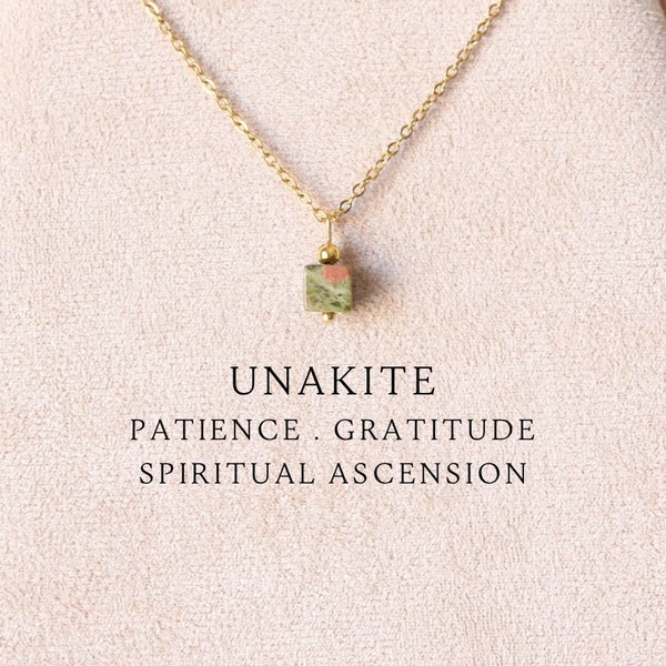 Square unakite necklace Crystal jewelry Dainty necklace Unakite choker Heart chakra Virgo zodiac Patience Gratitude Spiritual gifts