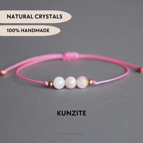 Pulsera de kunzita personalizada, joyería de cristal bohemia, pulsera de piedras preciosas con cuentas de piedra natural, delicada pulsera de amor propio minimalista, apoyo emocional