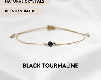 Tiny black tourmaline bracelet Natural crystal bracelet Dainty stone bracelet Protection bracelet Minimalist gemstone jewelry Gift for her