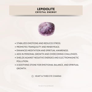 May include: A purple Lepidolite crystal, known for its calming energy. It is said to promote tranquility, inner peace, and spiritual awareness. The text "LEPIDOLITE CRYSTAL ENERGY" is at the top of the image. The text "HEART & THIRD EYE CHAKRAS" is at the bottom of the image.