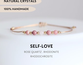 Pulsera de cristal de amor propio Joyería curativa Cuidado personal Regalos personalizados Pulsera de chakra del corazón hecha a mano con energía Cuarzo rosa Rodocrosita Rodonita