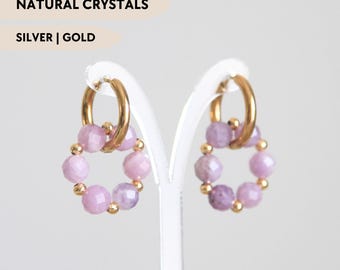 Sugilite hoop earrings with donut bead charm Natural purple crystal cute earrings Gemstone statement earrings Dainty trendy steel earrings