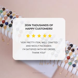 May include: A close-up of a customer review for a jewelry shop. The review reads "Very pretty item, well crafted and nicely packaged. I'm satisfied with my order, thank you!" The review is accompanied by five gold stars and the text "Join thousands of happy customers!"