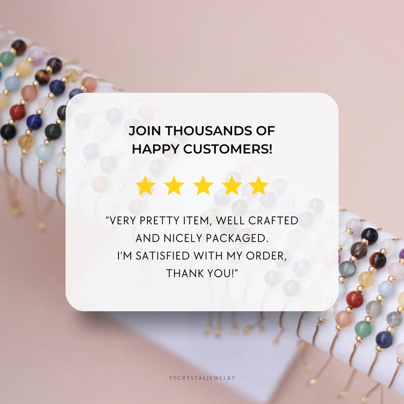 May include: A close-up of a customer review for a jewelry shop. The review reads "Very pretty item, well crafted and nicely packaged. I'm satisfied with my order, thank you!" The review is accompanied by five gold stars and the text "Join thousands of happy customers!"