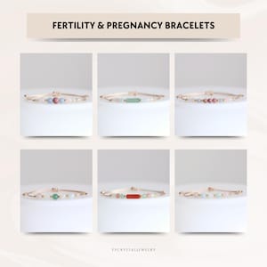 May include: Six delicate bracelets with various gemstone beads. Each bracelet features a neutral-colored cord and gold-toned accents. The bracelets are displayed on a white surface. The text "FERTILITY & PREGNANCY BRACELETS" is at the top.