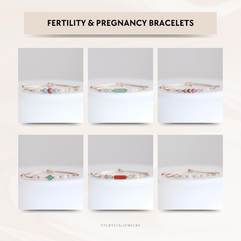 May include: Six delicate bracelets with various gemstone beads. Each bracelet features a neutral-colored cord and gold-toned accents. The bracelets are displayed on a white surface. The text "FERTILITY & PREGNANCY BRACELETS" is at the top.