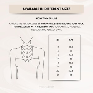 Puede incluir: Una gu&iacute;a de tallas de collar con un dibujo lineal de un cuello y hombros con cinco longitudes de collar conc&eacute;ntricas marcadas como 14, 16, 18, 20 y 24 pulgadas. Una tabla enumera las tallas en pulgadas y cent&iacute;metros. Texto: AVAILABLE IN DIFFERENT SIZES.