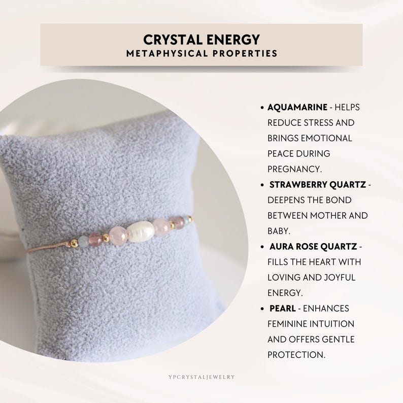 May include: A delicate bracelet featuring a central white pearl flanked by pink strawberry quartz, light blue aquamarine, and small gold-tone beads on a thin cord. Text on the image reads: CRYSTAL ENERGY METAPHYSICAL PROPERTIES, AQUAMARINE, STRAWBERRY QUARTZ, AURA ROSE QUARTZ, PEARL, and YPCRYSTALJEWELRY.