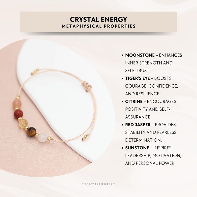 May include: A bracelet with a selection of gemstones in various colours, including moonstone, tiger's eye, citrine, and red jasper. The text reads "Crystal Energy, Metaphysical Properties" and lists the properties of each stone.