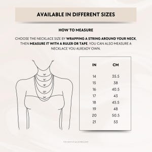 May include: Diagram showing how to measure your neck for a necklace.  The diagram shows a woman with a string around her neck, with measurements in inches and centimetres.  The measurements range from 14 inches to 24 inches, and 35.5 centimetres to 53 centimetres.