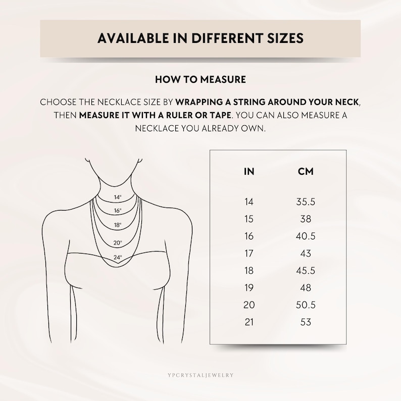 May include: Diagram showing how to measure your neck for a necklace.  The diagram shows a woman with a string around her neck, with measurements in inches and centimetres.  The measurements range from 14 inches to 24 inches, and 35.5 centimetres to 53 centimetres.