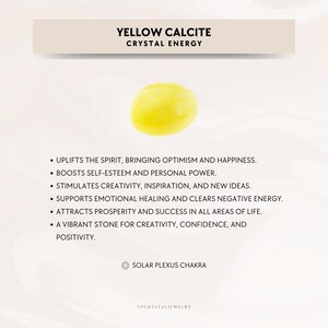 Puede incluir: Una piedra de calcita amarilla lisa y ovalada sobre el texto YELLOW CALCITE CRYSTAL ENERGY, seguido de una lista de beneficios y la frase SOLAR PLEXUS CHAKRA, con YPCRYSTALJEWELRY impreso en la parte inferior de la imagen.