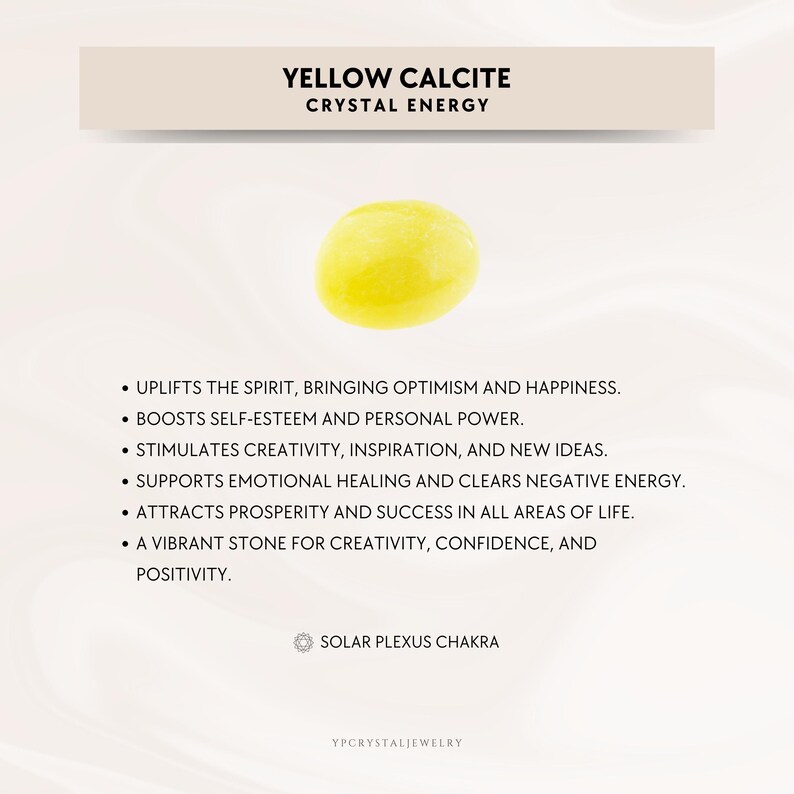 Puede incluir: Una piedra de calcita amarilla lisa y ovalada sobre el texto YELLOW CALCITE CRYSTAL ENERGY, seguido de una lista de beneficios y la frase SOLAR PLEXUS CHAKRA, con YPCRYSTALJEWELRY impreso en la parte inferior de la imagen.