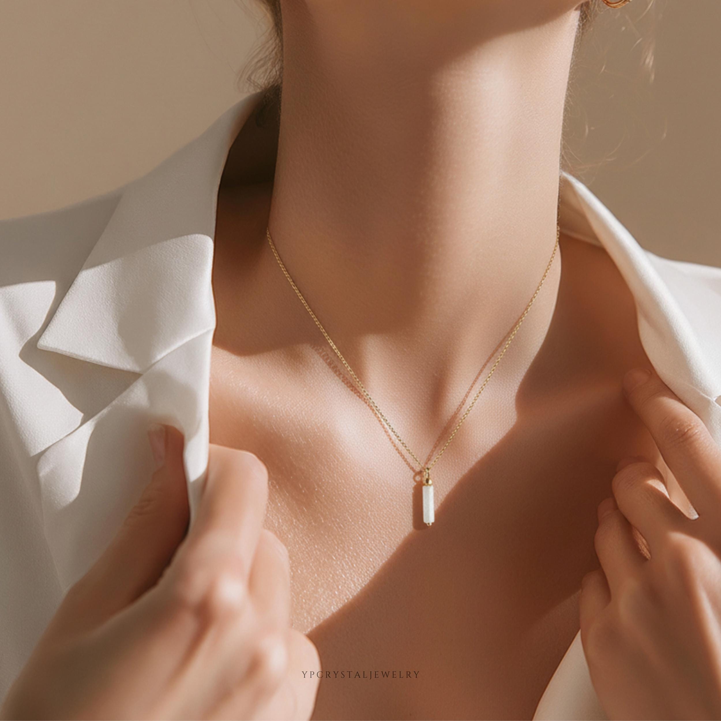 Collier En Jade Blanc Naturel Précieux - 44cm - Monture En Argent Massif 925 - Pendentif Marquise - Neuf