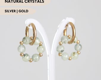 Green prehnite hoop earrings with dangle donut crystal charm and hypoallergenic steel ear hoops Dainty handmade bead gemstone cute earrings