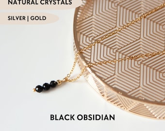 Black obsidian dainty crystal necklace Natural stone protection necklace Healing gemstone necklace Handmade jewelry for women Small pendant