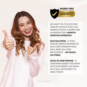 May include: A woman gives a thumbs up with a text overlay that reads "Worry-Free Guarantee". The text explains that the company wants customers to love their jewelry as much as they love making it. The text also explains that the company offers easy solutions if the jewelry arrives damaged or has a craftsmanship issue. The company will send a free replacement with no hassle or stress. The text also explains that the company offers a peace of mind promise. If something doesn't feel right with the order, customers can reach out and the company will do their best to make it right.