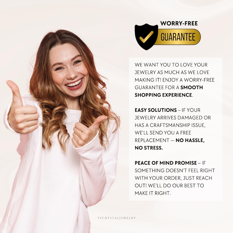 May include: A woman gives a thumbs up with a text overlay that reads "Worry-Free Guarantee". The text explains that the company wants customers to love their jewelry as much as they love making it. The text also explains that the company offers easy solutions if the jewelry arrives damaged or has a craftsmanship issue. The company will send a free replacement with no hassle or stress. The text also explains that the company offers a peace of mind promise. If something doesn't feel right with the order, customers can reach out and the company will do their best to make it right.