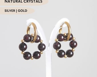 Garnet hoop earrings Crystal dangle charm earrings women Gemstone earrings Handmade jewelry gift Stainless steel hypoallergenic earrings