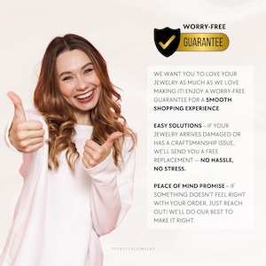 May include: A woman with long, wavy brown hair smiles and gives two thumbs up. Text on the right reads "WORRY-FREE GUARANTEE" and details about jewelry replacement and customer satisfaction. The brand name "YPCRYSTALJEWELRY" is at the bottom.