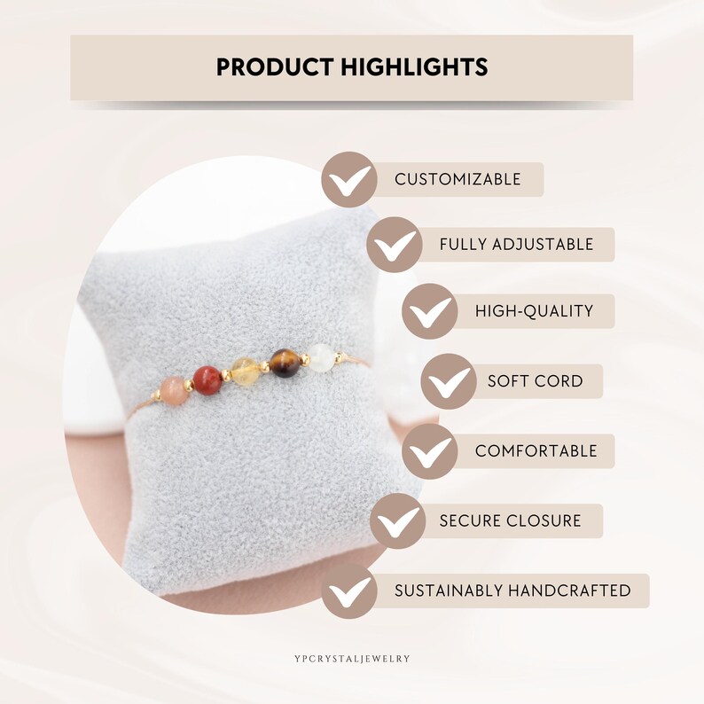 May include: A gold bracelet featuring a string of colourful gemstones, including pink, red, yellow, brown, and white beads. The bracelet is presented on a grey cushion. The image includes the text "PRODUCT HIGHLIGHTS" and "YPCRYSTALJEWELRY".