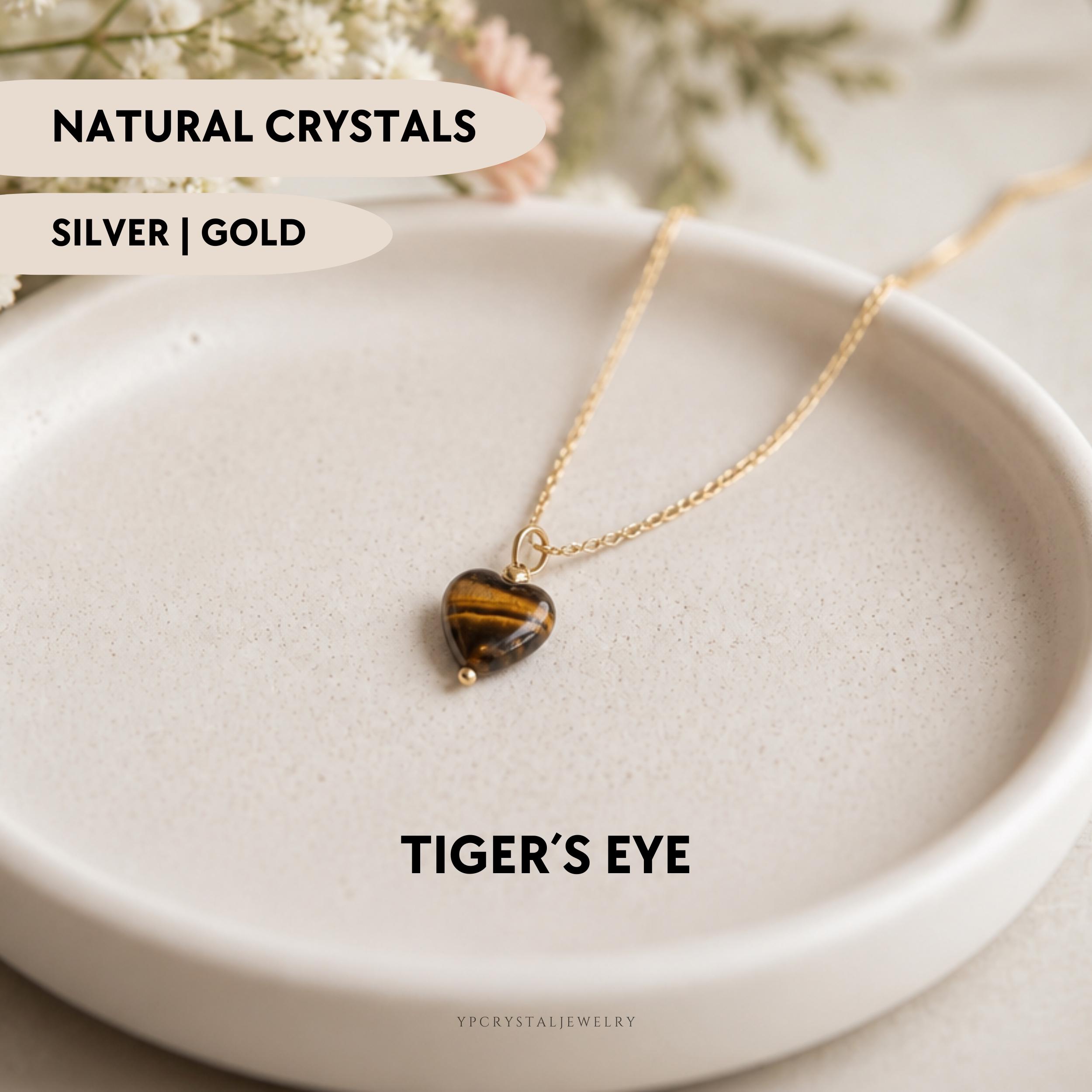 Heart tiger eye necklace for women August birthstone jewelry Silver crystal necklace Dainty gold gemstone jewelry 21st birthday gift for her
